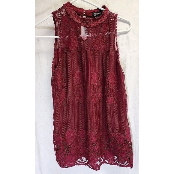 Miss‎ Chievous Size M Maroon Lace Overlay Blouse Top Tank Lined Burgundy Womens - Picture 1 of 6